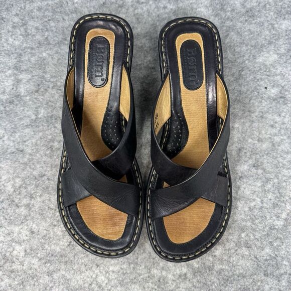 Born Wedge Sandals Women's Size 8 Black Soft Leather Comfort Strappy - Picture 4 of 9